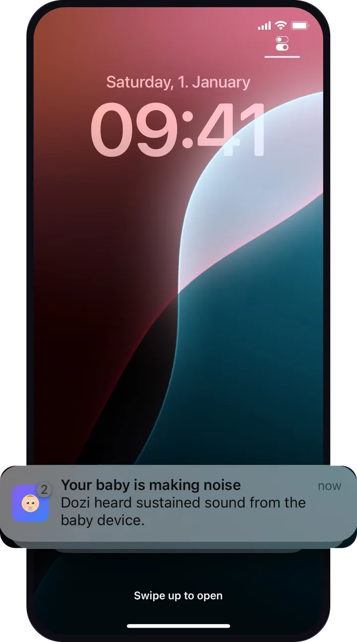 iPhone lock screen with a Dozi notification: your baby is making noise
