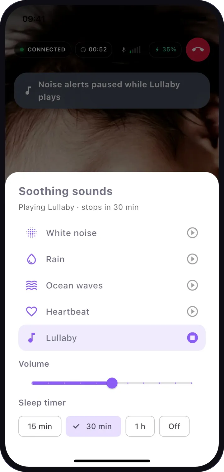 Dozi soothing sounds panel with white noise, rain, ocean waves, heartbeat and lullaby, plus a sleep timer